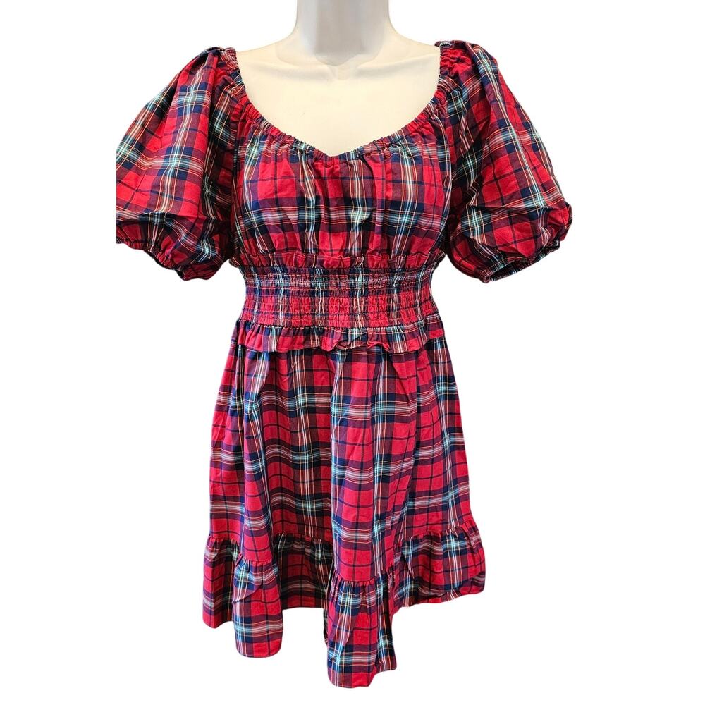 phoebe check puff sleeve mini dress in red multi tartan holiday Christmas M - Picture 2 of 10